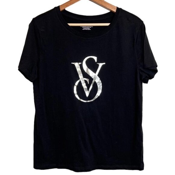 Victoria's Secret Womens Size Small Black Silver Logo Tee Shirt NEW Lounge - Picture 1 of 8